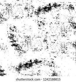 Grunge overlay layer. Abstract black and white vector background. Monochrome vintage surface with dirty pattern in cracks, spots, dots. Old wall in dark horror style design