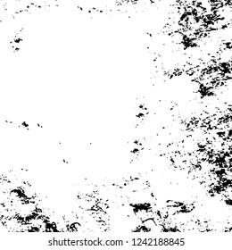 Grunge overlay layer. Abstract black and white vector background. Monochrome vintage surface with dirty pattern in cracks, spots, dots. Old wall in dark horror style design
