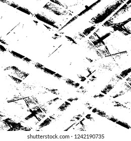 Grunge overlay layer. Abstract black and white vector background. Monochrome vintage surface with dirty pattern in cracks, spots, dots. Old wall in dark horror style design