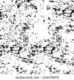 Grunge overlay layer. Abstract black and white vector background. Monochrome vintage surface with dirty pattern in cracks, spots, dots. Old wall in dark horror style design