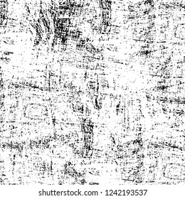 Grunge overlay layer. Abstract black and white vector background. Monochrome vintage surface with dirty pattern in cracks, spots, dots. Old wall in dark horror style design