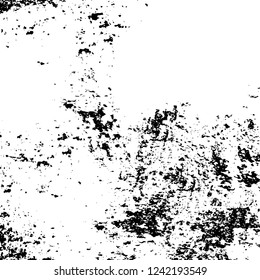 Grunge overlay layer. Abstract black and white vector background. Monochrome vintage surface with dirty pattern in cracks, spots, dots. Old wall in dark horror style design