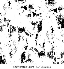 Grunge overlay layer. Abstract black and white vector background. Monochrome vintage surface with dirty pattern in cracks, spots, dots. Old wall in dark horror style design