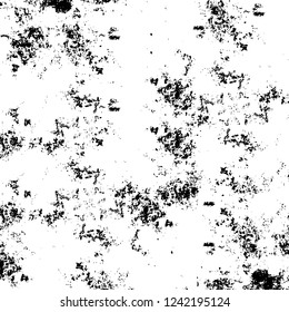 Grunge overlay layer. Abstract black and white vector background. Monochrome vintage surface with dirty pattern in cracks, spots, dots. Old wall in dark horror style design