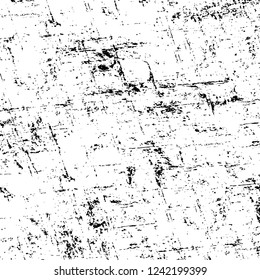 Grunge overlay layer. Abstract black and white vector background. Monochrome vintage surface with dirty pattern in cracks, spots, dots. Old wall in dark horror style design