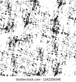 Grunge overlay layer. Abstract black and white vector background. Monochrome vintage surface with dirty pattern in cracks, spots, dots. Old wall in dark horror style design