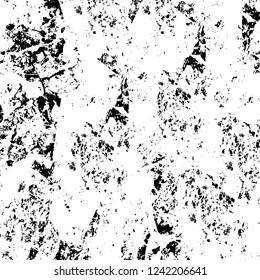 Grunge overlay layer. Abstract black and white vector background. Monochrome vintage surface with dirty pattern in cracks, spots, dots. Old wall in dark horror style design