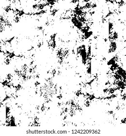 Grunge overlay layer. Abstract black and white vector background. Monochrome vintage surface with dirty pattern in cracks, spots, dots. Old wall in dark horror style design