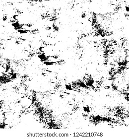 Grunge overlay layer. Abstract black and white vector background. Monochrome vintage surface with dirty pattern in cracks, spots, dots. Old wall in dark horror style design