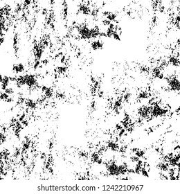 Grunge overlay layer. Abstract black and white vector background. Monochrome vintage surface with dirty pattern in cracks, spots, dots. Old wall in dark horror style design