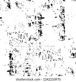 Grunge overlay layer. Abstract black and white vector background. Monochrome vintage surface with dirty pattern in cracks, spots, dots. Old wall in dark horror style design