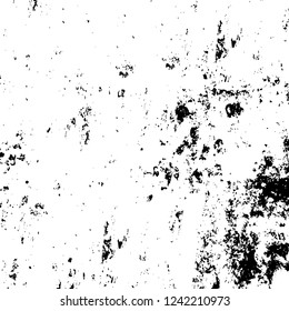 Grunge overlay layer. Abstract black and white vector background. Monochrome vintage surface with dirty pattern in cracks, spots, dots. Old wall in dark horror style design