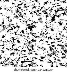 Grunge overlay layer. Abstract black and white vector background. Monochrome vintage surface with dirty pattern in cracks, spots, dots. Old wall in dark horror style design