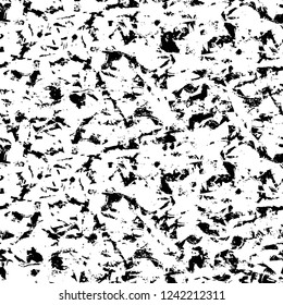 Grunge overlay layer. Abstract black and white vector background. Monochrome vintage surface with dirty pattern in cracks, spots, dots. Old wall in dark horror style design