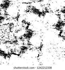 Grunge overlay layer. Abstract black and white vector background. Monochrome vintage surface with dirty pattern in cracks, spots, dots. Old wall in dark horror style design