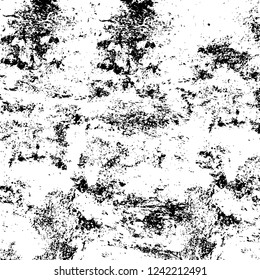 Grunge overlay layer. Abstract black and white vector background. Monochrome vintage surface with dirty pattern in cracks, spots, dots. Old wall in dark horror style design