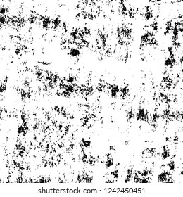 Grunge overlay layer. Abstract black and white vector background. Monochrome vintage surface with dirty pattern in cracks, spots, dots. Old wall in dark horror style design