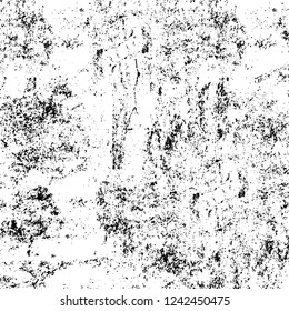 Grunge overlay layer. Abstract black and white vector background. Monochrome vintage surface with dirty pattern in cracks, spots, dots. Old wall in dark horror style design