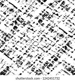 Grunge overlay layer. Abstract black and white vector background. Monochrome vintage surface with dirty pattern in cracks, spots, dots. Old wall in dark horror style design