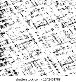 Grunge overlay layer. Abstract black and white vector background. Monochrome vintage surface with dirty pattern in cracks, spots, dots. Old wall in dark horror style design