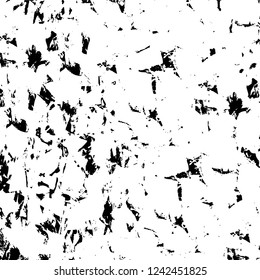 Grunge overlay layer. Abstract black and white vector background. Monochrome vintage surface with dirty pattern in cracks, spots, dots. Old wall in dark horror style design