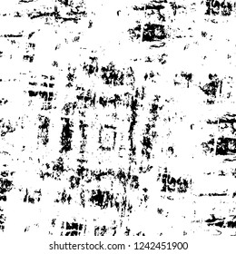 Grunge overlay layer. Abstract black and white vector background. Monochrome vintage surface with dirty pattern in cracks, spots, dots. Old wall in dark horror style design