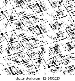 Grunge overlay layer. Abstract black and white vector background. Monochrome vintage surface with dirty pattern in cracks, spots, dots. Old wall in dark horror style design