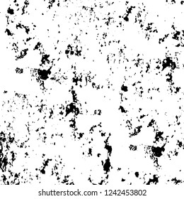 Grunge overlay layer. Abstract black and white vector background. Monochrome vintage surface with dirty pattern in cracks, spots, dots. Old wall in dark horror style design