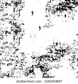 Grunge overlay layer. Abstract black and white vector background. Monochrome vintage surface with dirty pattern in cracks, spots, dots. Old wall in dark horror style design