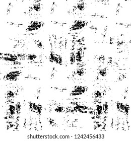 Grunge overlay layer. Abstract black and white vector background. Monochrome vintage surface with dirty pattern in cracks, spots, dots. Old wall in dark horror style design