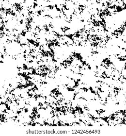 Grunge overlay layer. Abstract black and white vector background. Monochrome vintage surface with dirty pattern in cracks, spots, dots. Old wall in dark horror style design