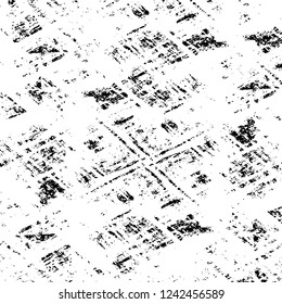 Grunge overlay layer. Abstract black and white vector background. Monochrome vintage surface with dirty pattern in cracks, spots, dots. Old wall in dark horror style design