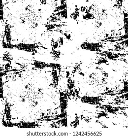 Grunge overlay layer. Abstract black and white vector background. Monochrome vintage surface with dirty pattern in cracks, spots, dots. Old wall in dark horror style design