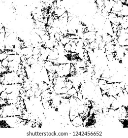 Grunge overlay layer. Abstract black and white vector background. Monochrome vintage surface with dirty pattern in cracks, spots, dots. Old wall in dark horror style design