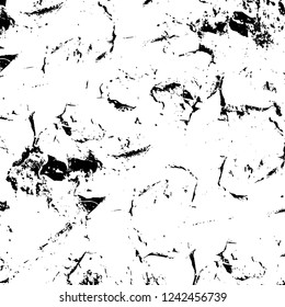 Grunge overlay layer. Abstract black and white vector background. Monochrome vintage surface with dirty pattern in cracks, spots, dots. Old wall in dark horror style design