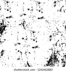 Grunge overlay layer. Abstract black and white vector background. Monochrome vintage surface with dirty pattern in cracks, spots, dots. Old wall in dark horror style design