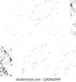 Grunge overlay layer. Abstract black and white vector background. Monochrome vintage surface with dirty pattern in cracks, spots, dots. Old wall in dark horror style design