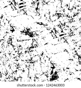 Grunge overlay layer. Abstract black and white vector background. Monochrome vintage surface with dirty pattern in cracks, spots, dots. Old wall in dark horror style design