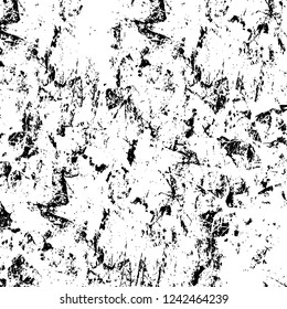 Grunge overlay layer. Abstract black and white vector background. Monochrome vintage surface with dirty pattern in cracks, spots, dots. Old wall in dark horror style design
