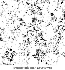 Grunge overlay layer. Abstract black and white vector background. Monochrome vintage surface with dirty pattern in cracks, spots, dots. Old wall in dark horror style design
