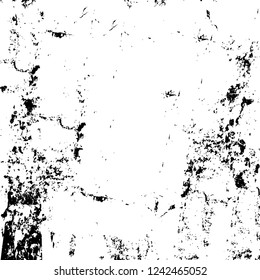 Grunge overlay layer. Abstract black and white vector background. Monochrome vintage surface with dirty pattern in cracks, spots, dots. Old wall in dark horror style design