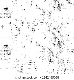 Grunge overlay layer. Abstract black and white vector background. Monochrome vintage surface with dirty pattern in cracks, spots, dots. Old wall in dark horror style design