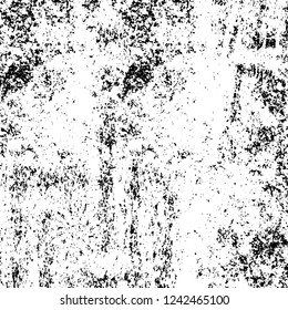 Grunge overlay layer. Abstract black and white vector background. Monochrome vintage surface with dirty pattern in cracks, spots, dots. Old wall in dark horror style design