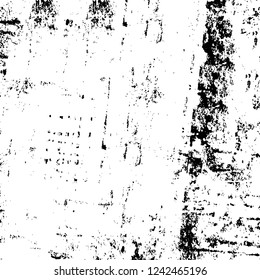 Grunge overlay layer. Abstract black and white vector background. Monochrome vintage surface with dirty pattern in cracks, spots, dots. Old wall in dark horror style design