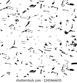 Grunge overlay layer. Abstract black and white vector background. Monochrome vintage surface with dirty pattern in cracks, spots, dots. Old wall in dark horror style design