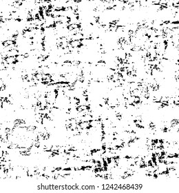 Grunge overlay layer. Abstract black and white vector background. Monochrome vintage surface with dirty pattern in cracks, spots, dots. Old wall in dark horror style design