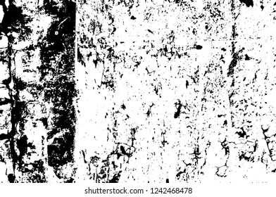 Grunge overlay layer. Abstract black and white vector background. Monochrome vintage surface with dirty pattern in cracks, spots, dots. Old wall in dark horror style design