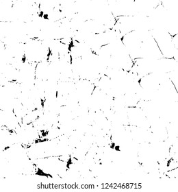 Grunge overlay layer. Abstract black and white vector background. Monochrome vintage surface with dirty pattern in cracks, spots, dots. Old wall in dark horror style design