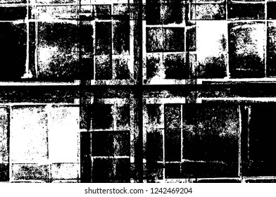Grunge overlay layer. Abstract black and white vector background. Monochrome vintage surface with dirty pattern in cracks, spots, dots. Old wall in dark horror style design