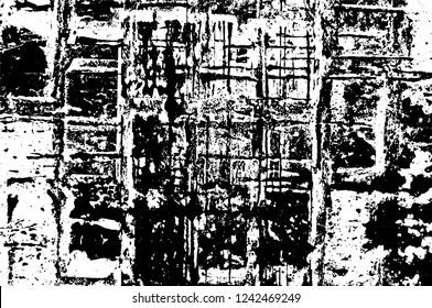 Grunge overlay layer. Abstract black and white vector background. Monochrome vintage surface with dirty pattern in cracks, spots, dots. Old wall in dark horror style design